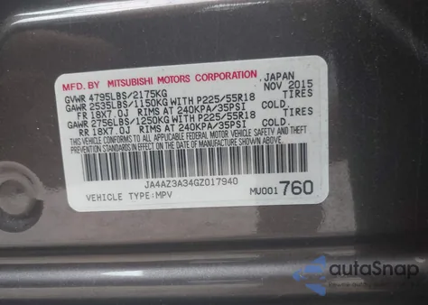 2016 Mitsubishi Outlander Sel from USA, damaged, VIN JA4AZ3A34GZ017940